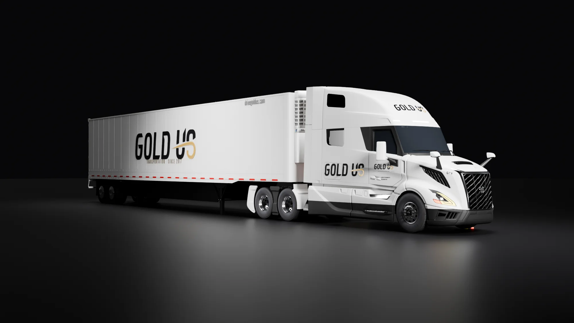 A Gold US truck pulling a reefer trailer
